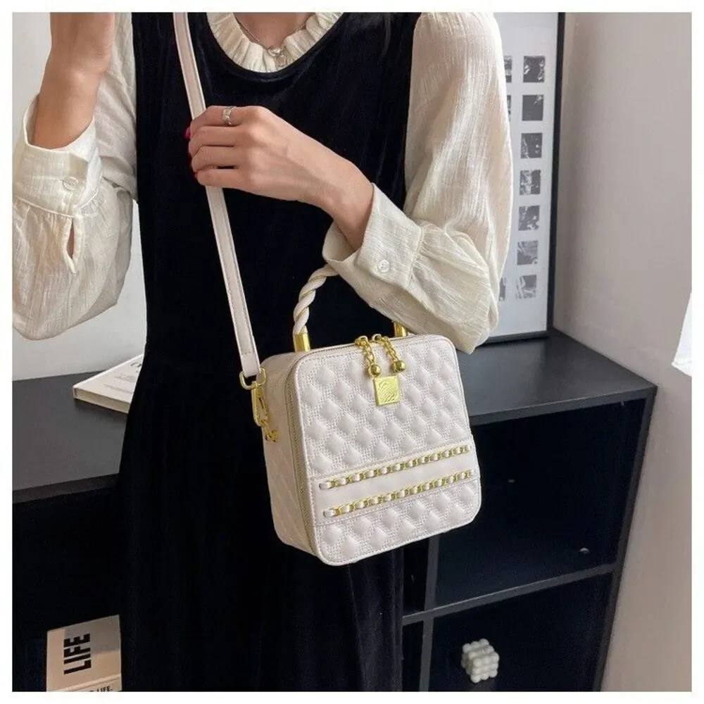 White Boxy Shape Quilted Accent Satchel Shoulder Handbag With Gold Trimming